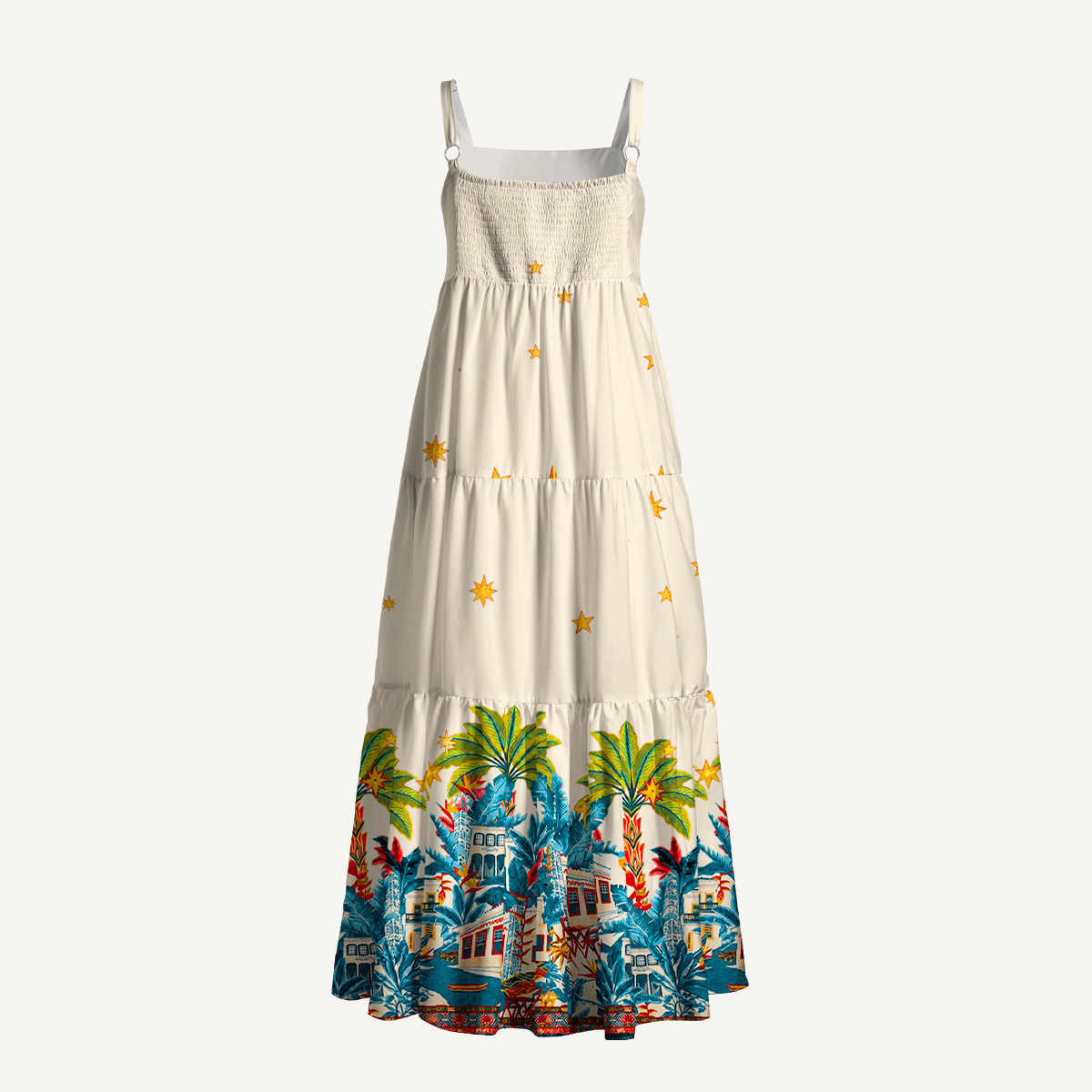 Retro Sun & Palm Wide Straps Maxi Dress With Pockets