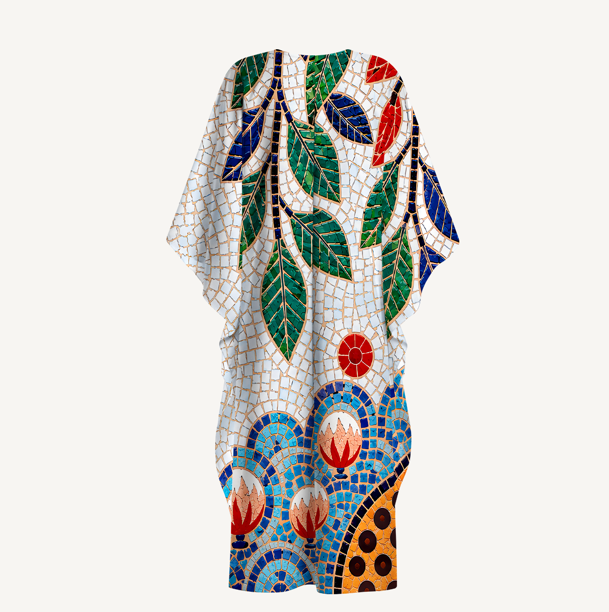 Gaudi Mosaic Red Bird Floral Kimono Sleeve Kaftan Dress