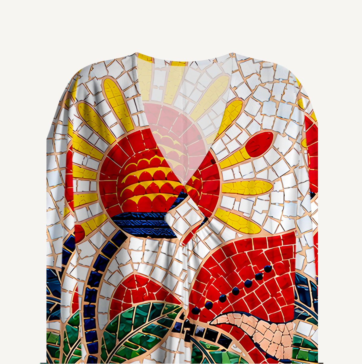 Gaudi Mosaic Red Bird Floral Kimono Sleeve Kaftan Dress
