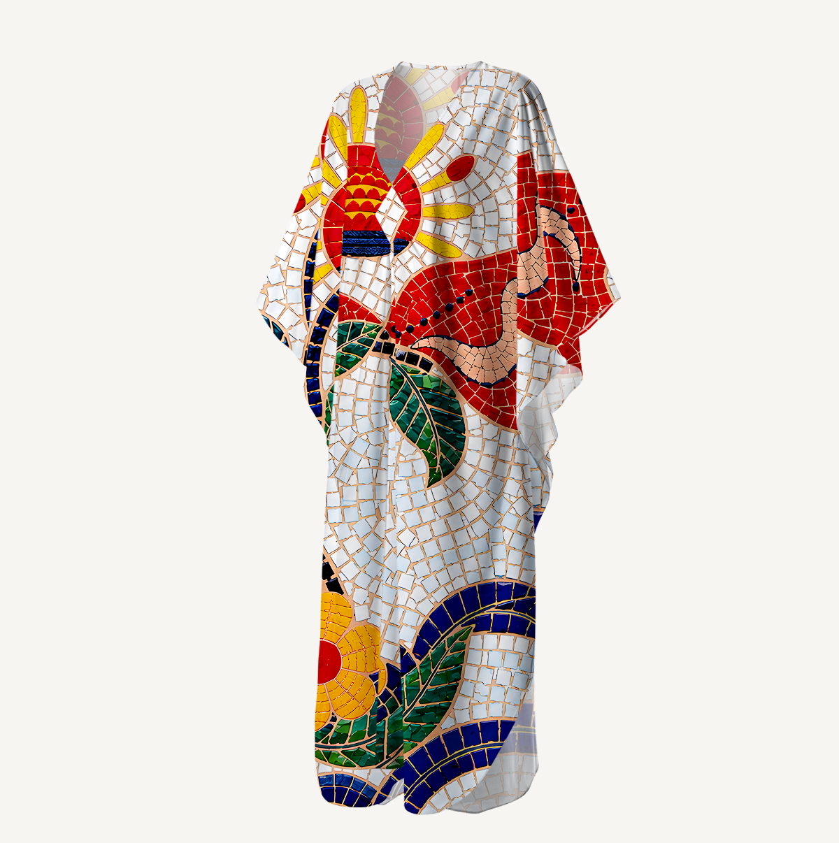Gaudi Mosaic Red Bird Floral Kimono Sleeve Kaftan Dress
