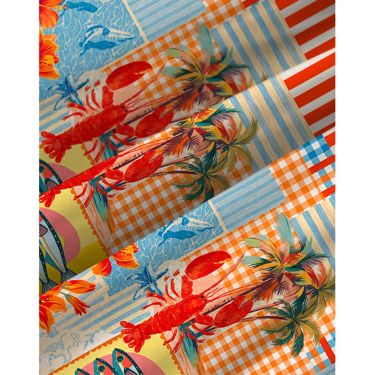 Tropical Lobster Patchwork Spaghetti Strap Mini Dress