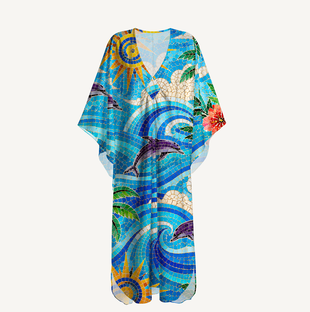 Sunset Mosaic Wave Dolphin Kimono Sleeve Kaftan Dress
