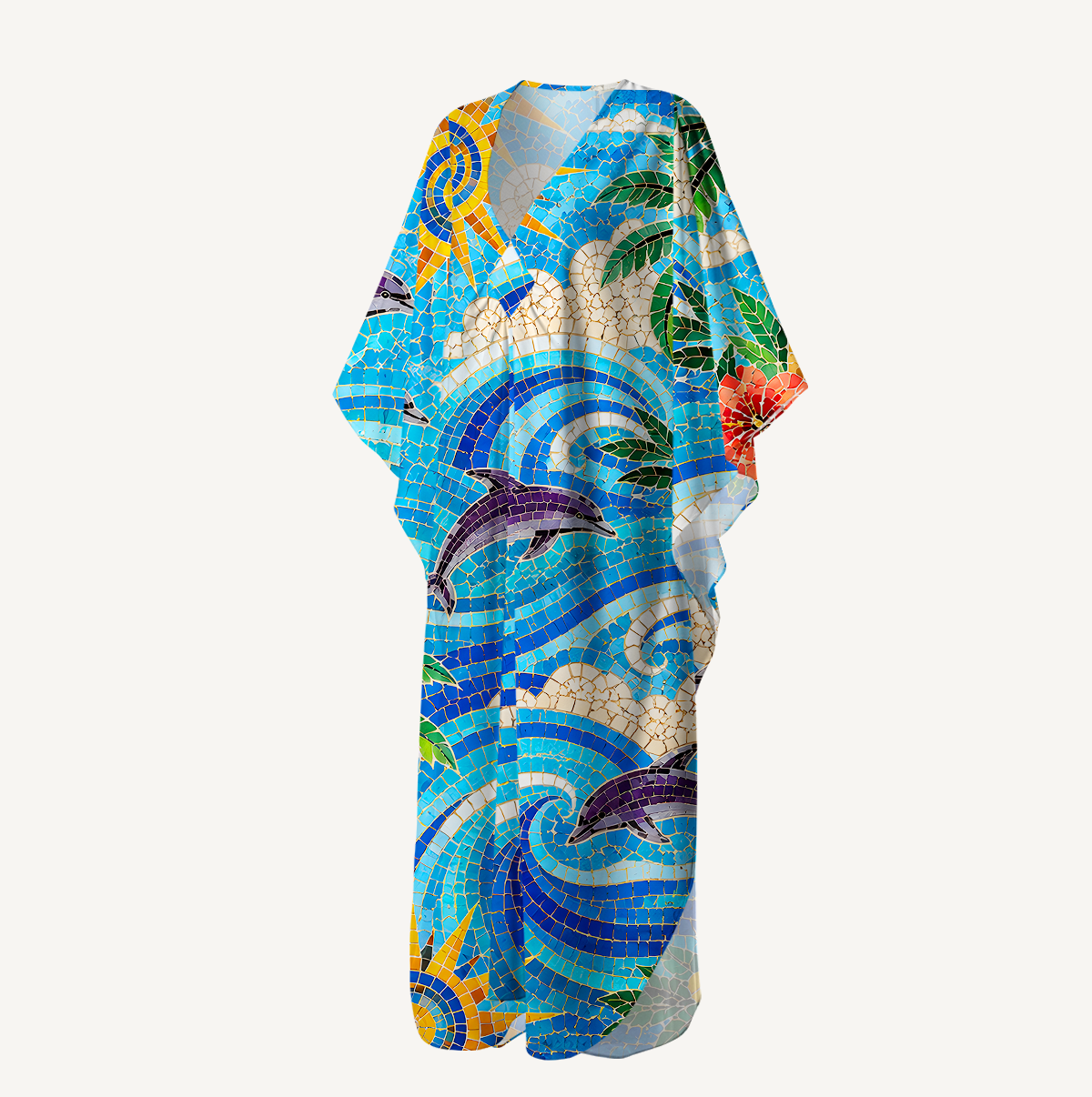 Sunset Mosaic Wave Dolphin Kimono Sleeve Kaftan Dress