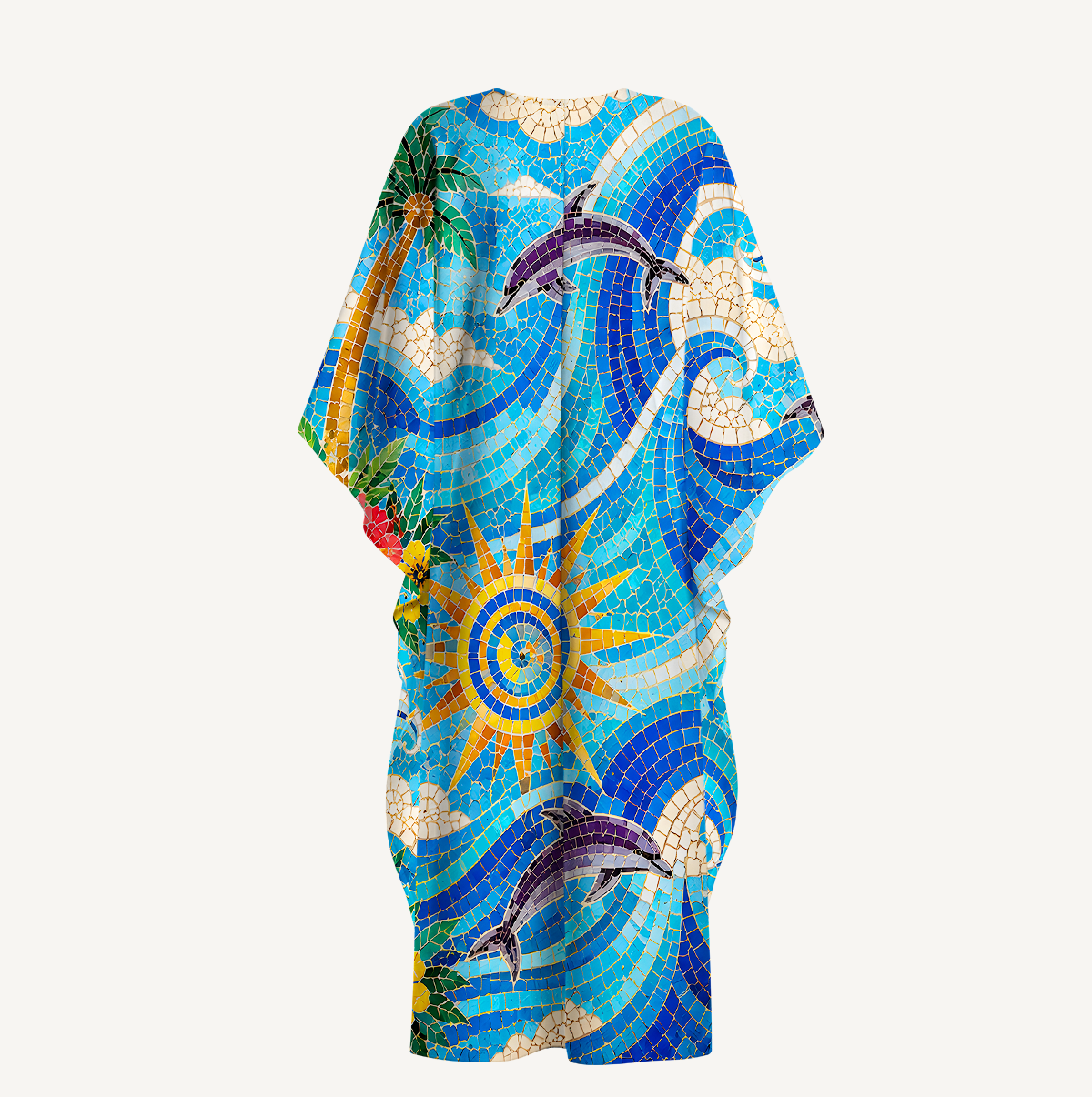 Sunset Mosaic Wave Dolphin Kimono Sleeve Kaftan Dress