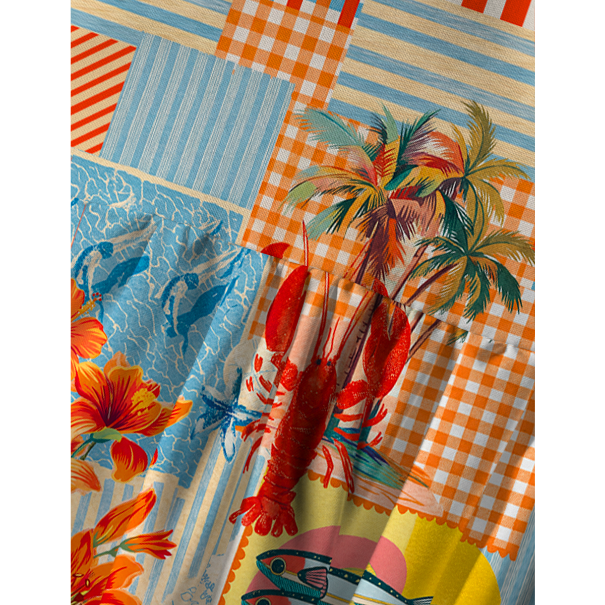 Tropical Lobster Patchwork Spaghetti Strap Mini Dress