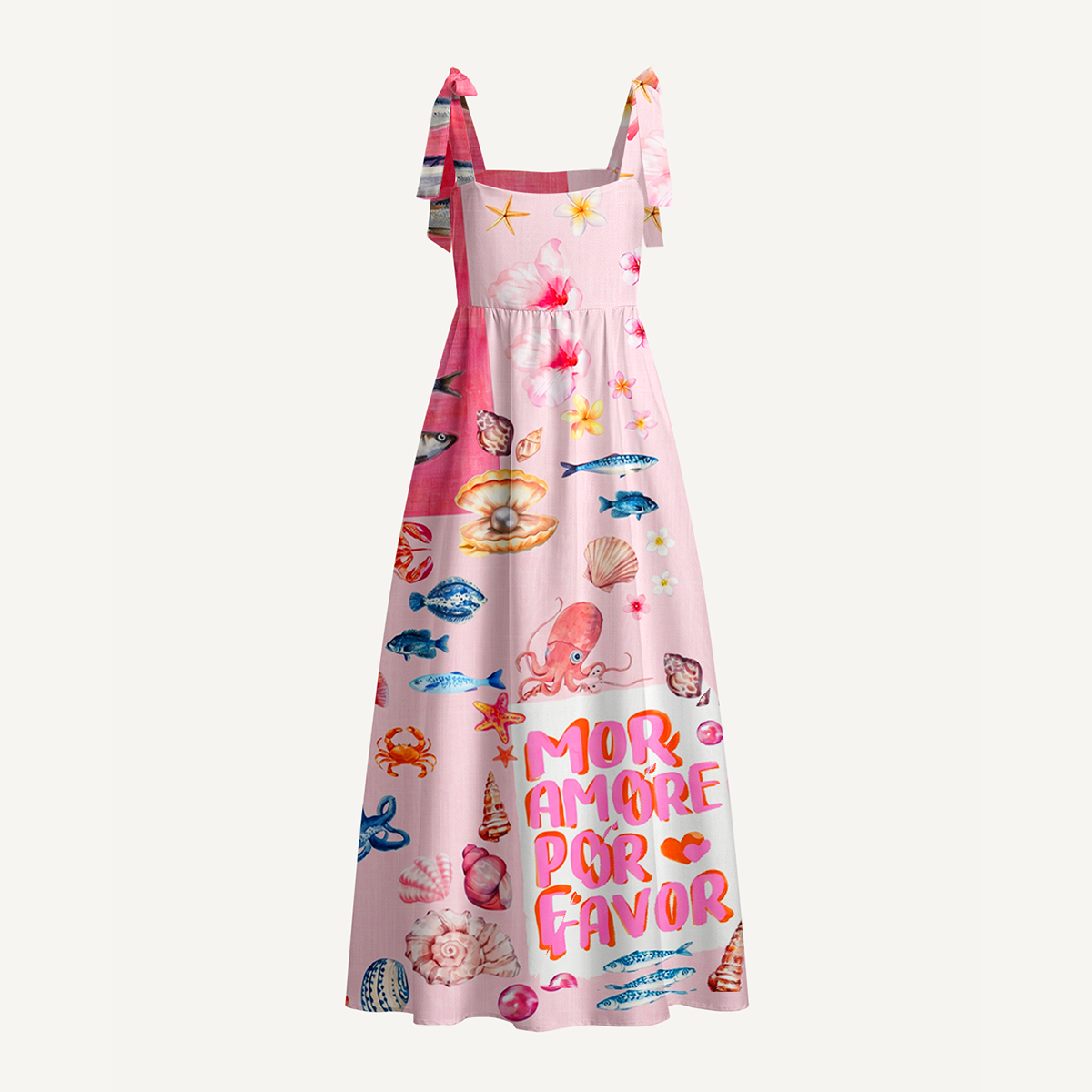 Pink Ocean Life Bow Strap Maxi Dress