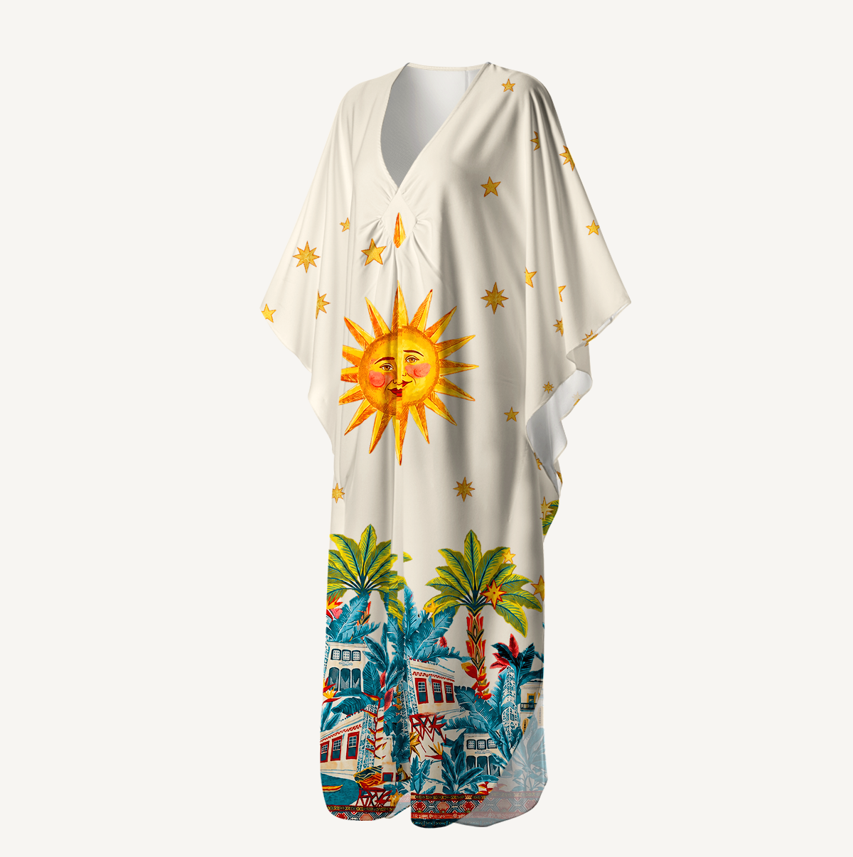 Retro Sun & Palm Kimono Sleeve Kaftan Dress