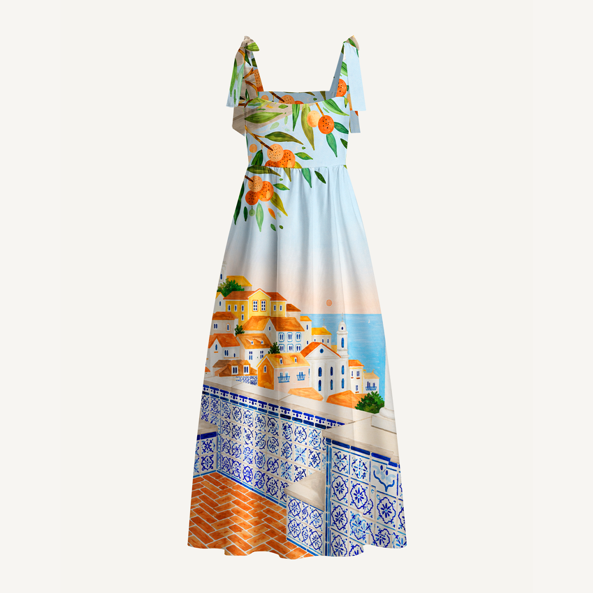 Lisbon Cityscape Bow Strap Maxi Dress