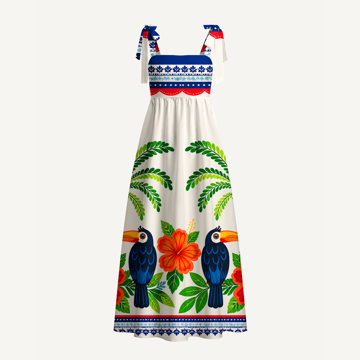 Vibrant Tropical Toucan Bow Strap Maxi Dress