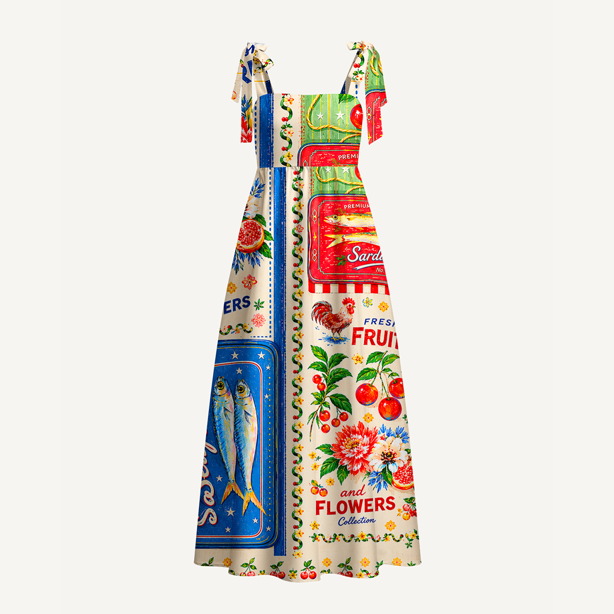 Fruits, Flowers & Fish Feast Bow Strap Maxi Dress