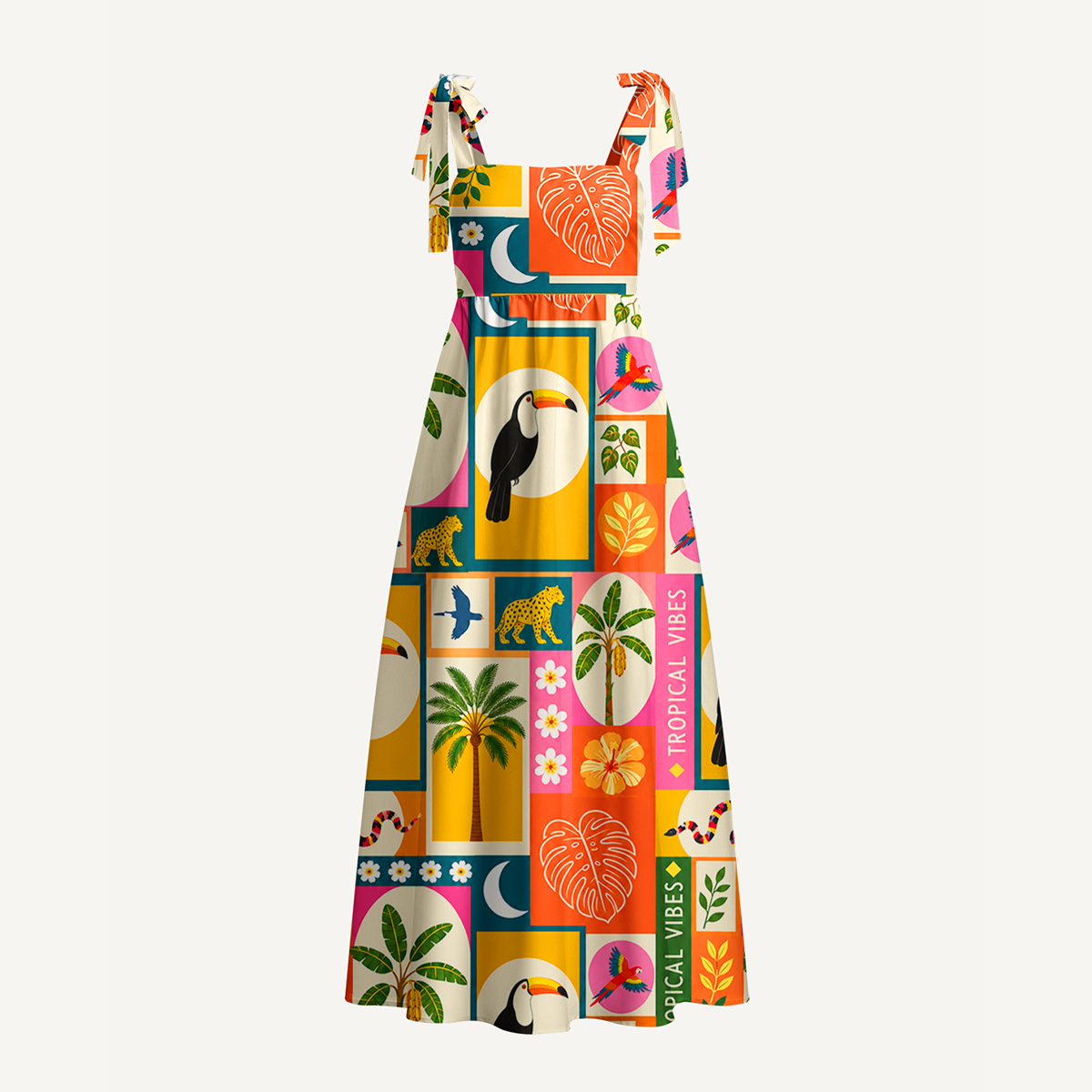 Tropical Patchwork Bow Strap Maxi Dress
