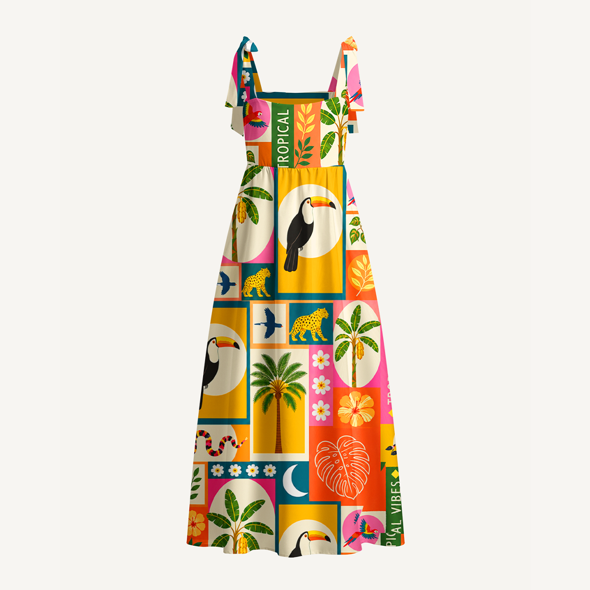 Tropical Patchwork Bow Strap Maxi Dress