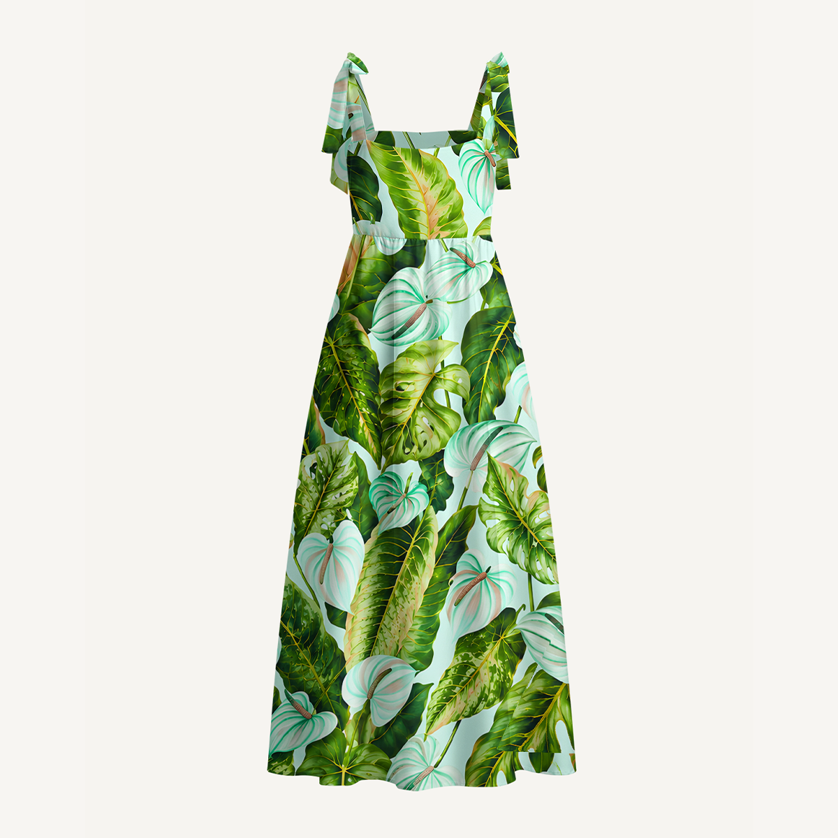 Tropical Rainforest Green Leaves Bow Strap Maxi Dress