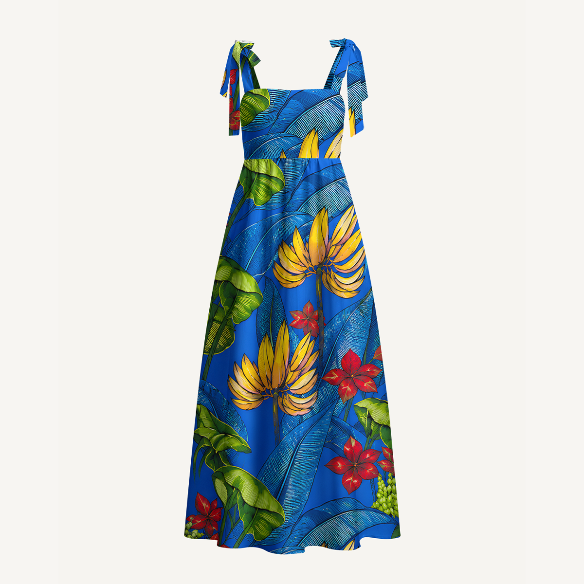 Tropical Bananas & Flowers on Blue Bow Strap Maxi Dress