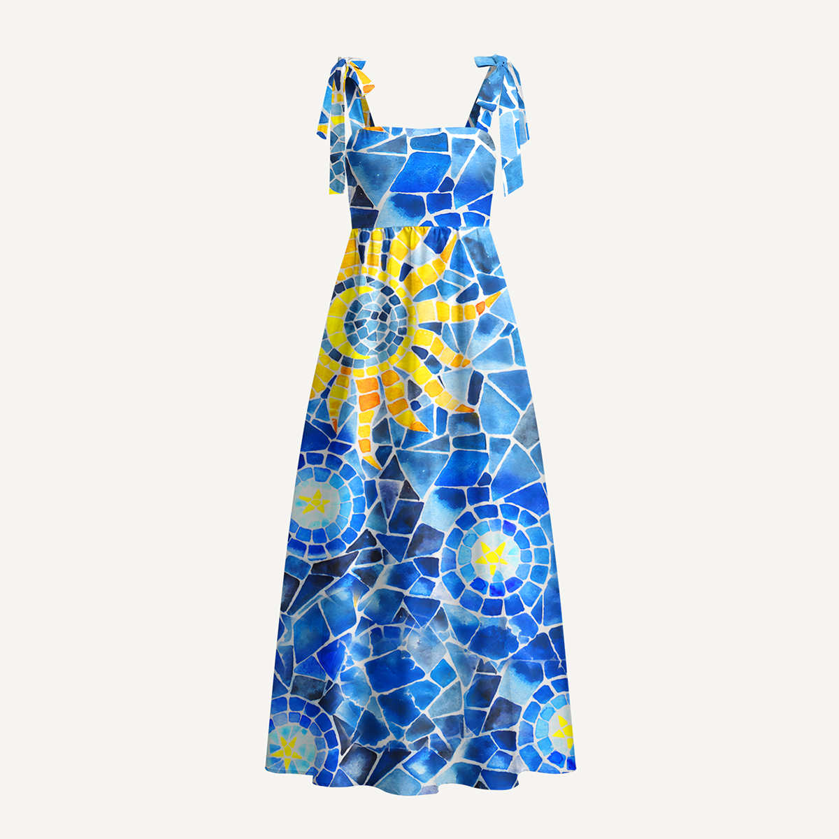 Mosaic Sun & Star Patter Bow Strap Maxi Dress