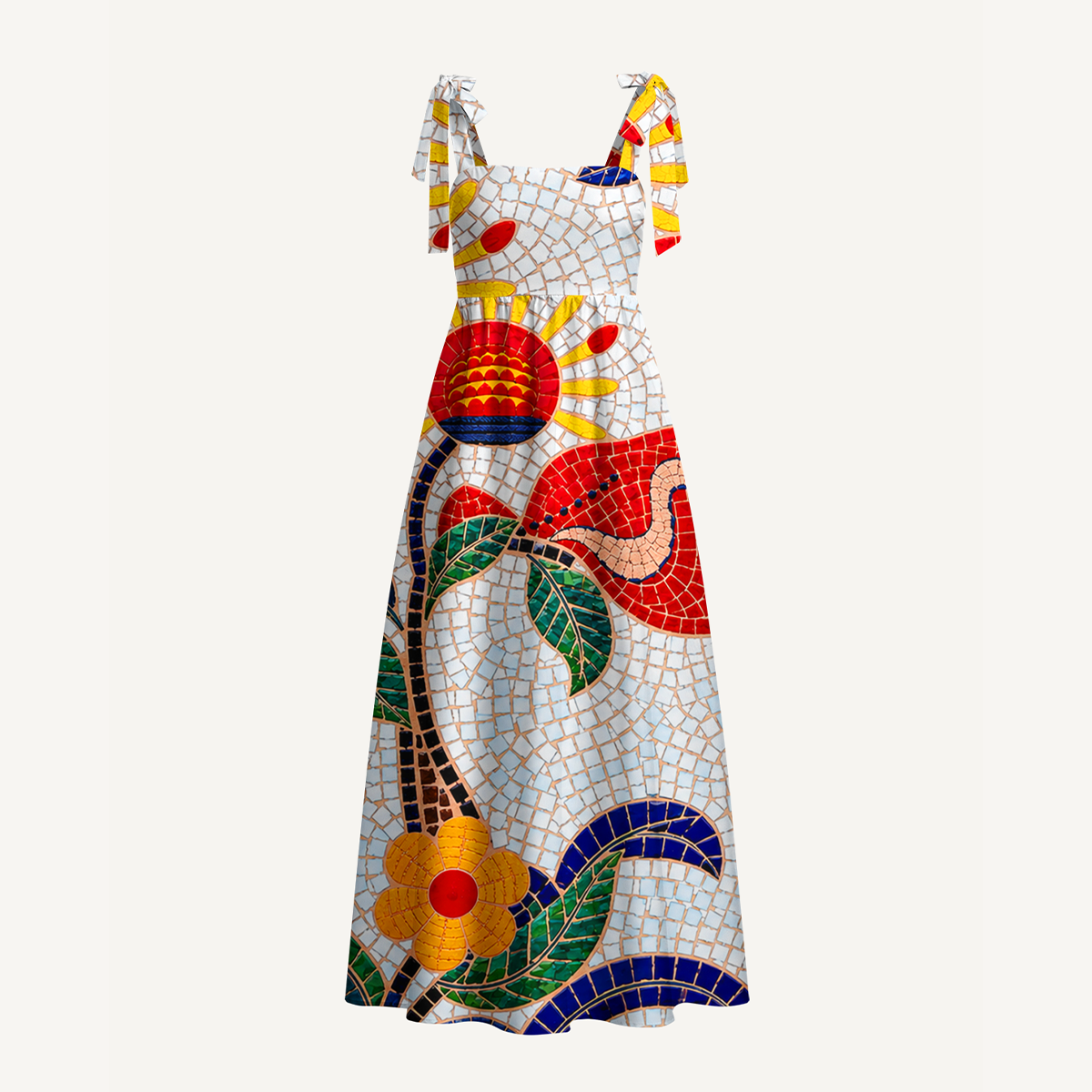Gaudi Mosaic Red Bird Floral Bow Strap Maxi Dress