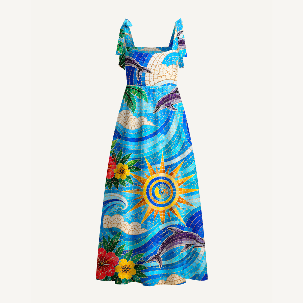 Sunset Mosaic Wave Dolphin Bow Strap Maxi Dress
