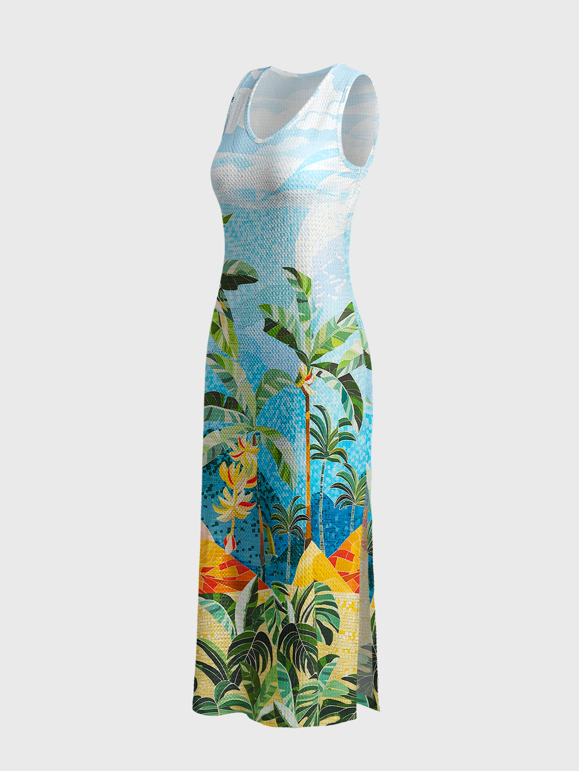 Rainforest Palm Tree Printed Crochet Knit Maxi Dress