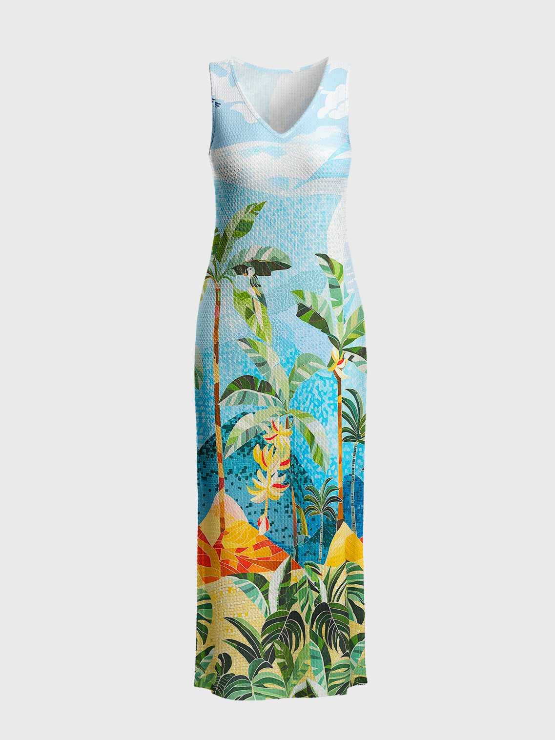 Rainforest Palm Tree Printed Crochet Knit Maxi Dress