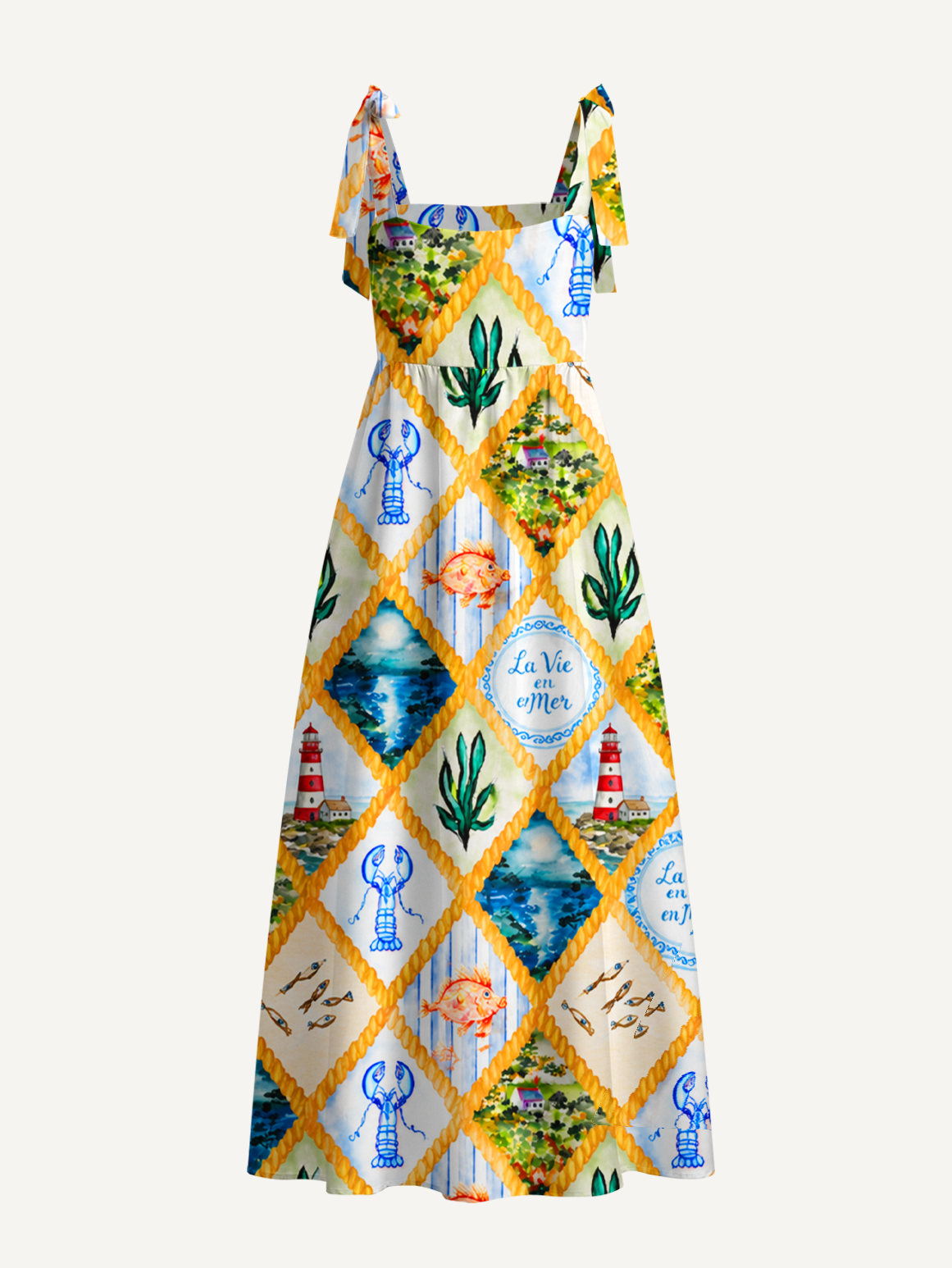 Coastal Patchwork Bow Strap Maxi Dress