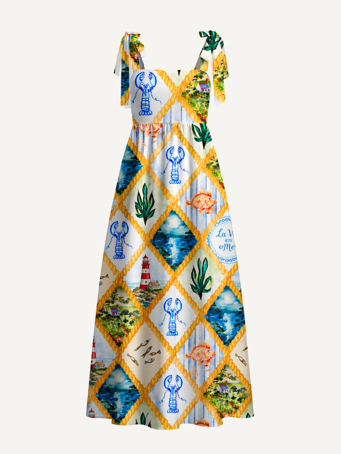 Coastal Patchwork Bow Strap Maxi Dress