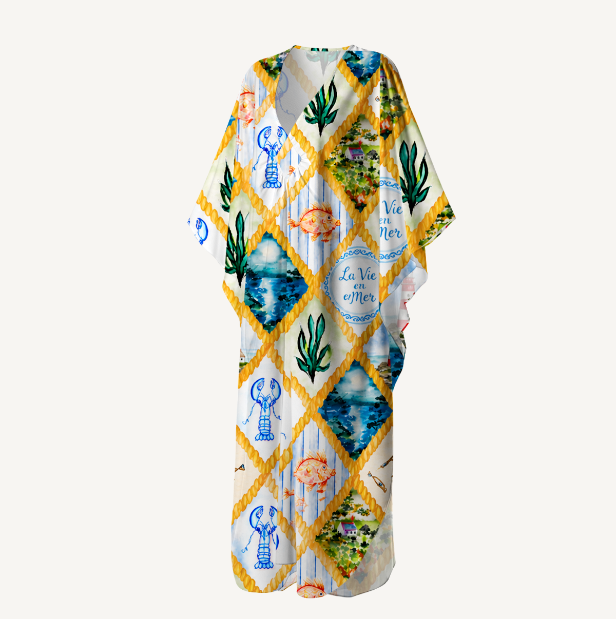 Coastal Patchwork Kimono Sleeve Kaftan Dress
