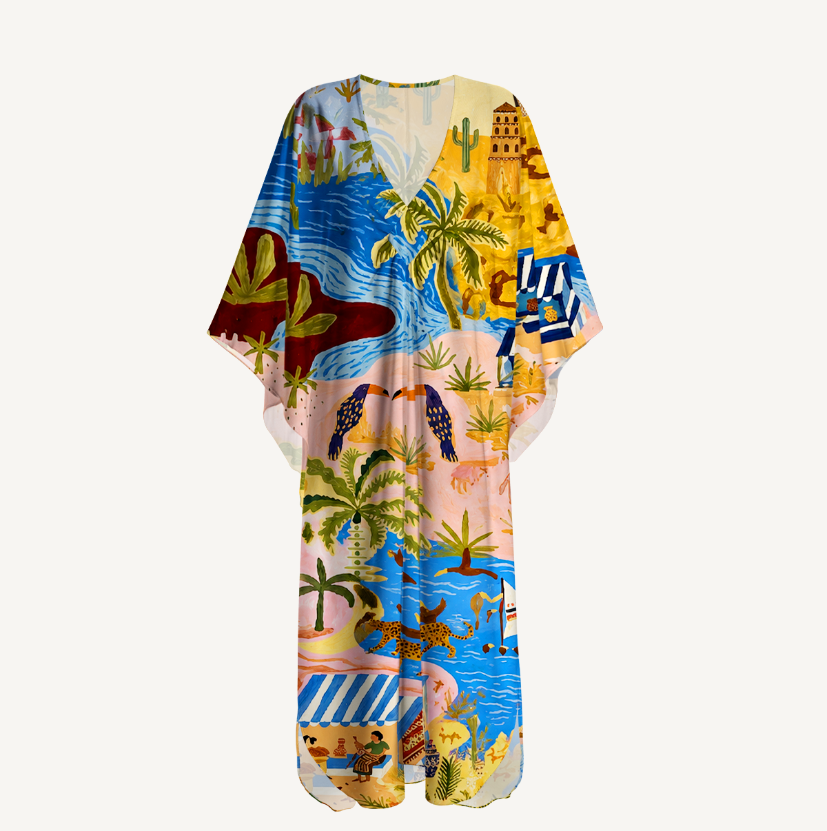 Desert Oasis Town Map Kimono Sleeve Kaftan Dress