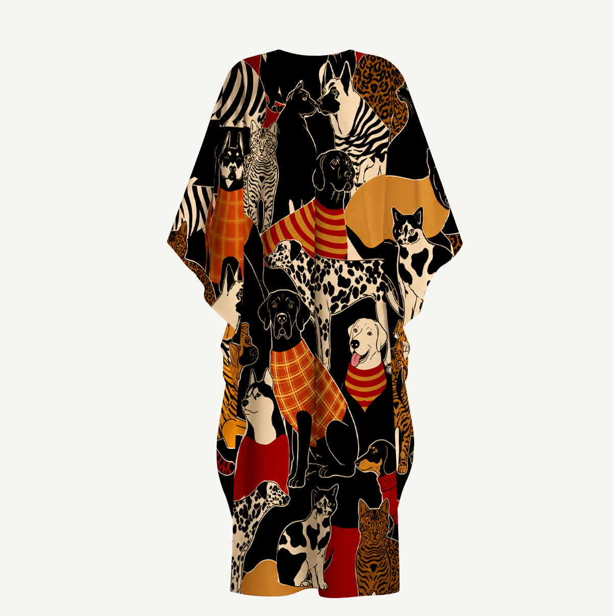 Patterned Cats & Dogs Kimono Sleeve Kaftan Dress