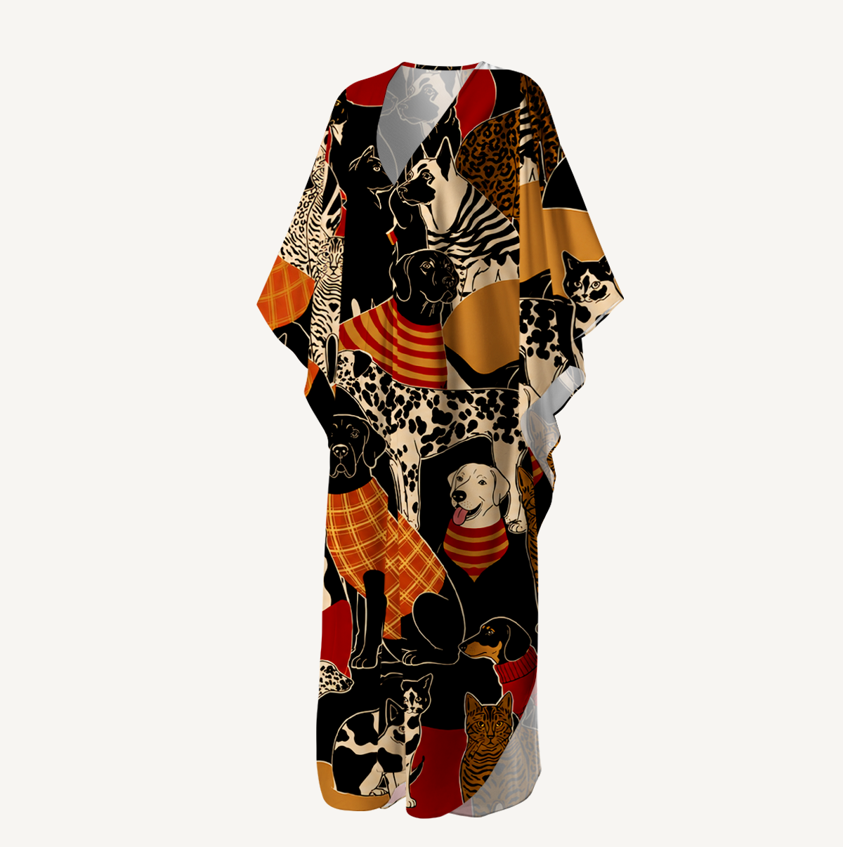 Patterned Cats & Dogs Kimono Sleeve Kaftan Dress