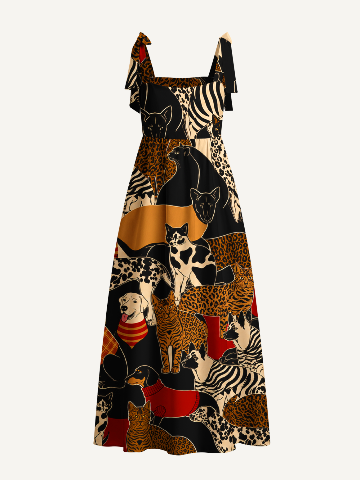 Patterned Cats & Dogs Bow Strap Maxi Dress