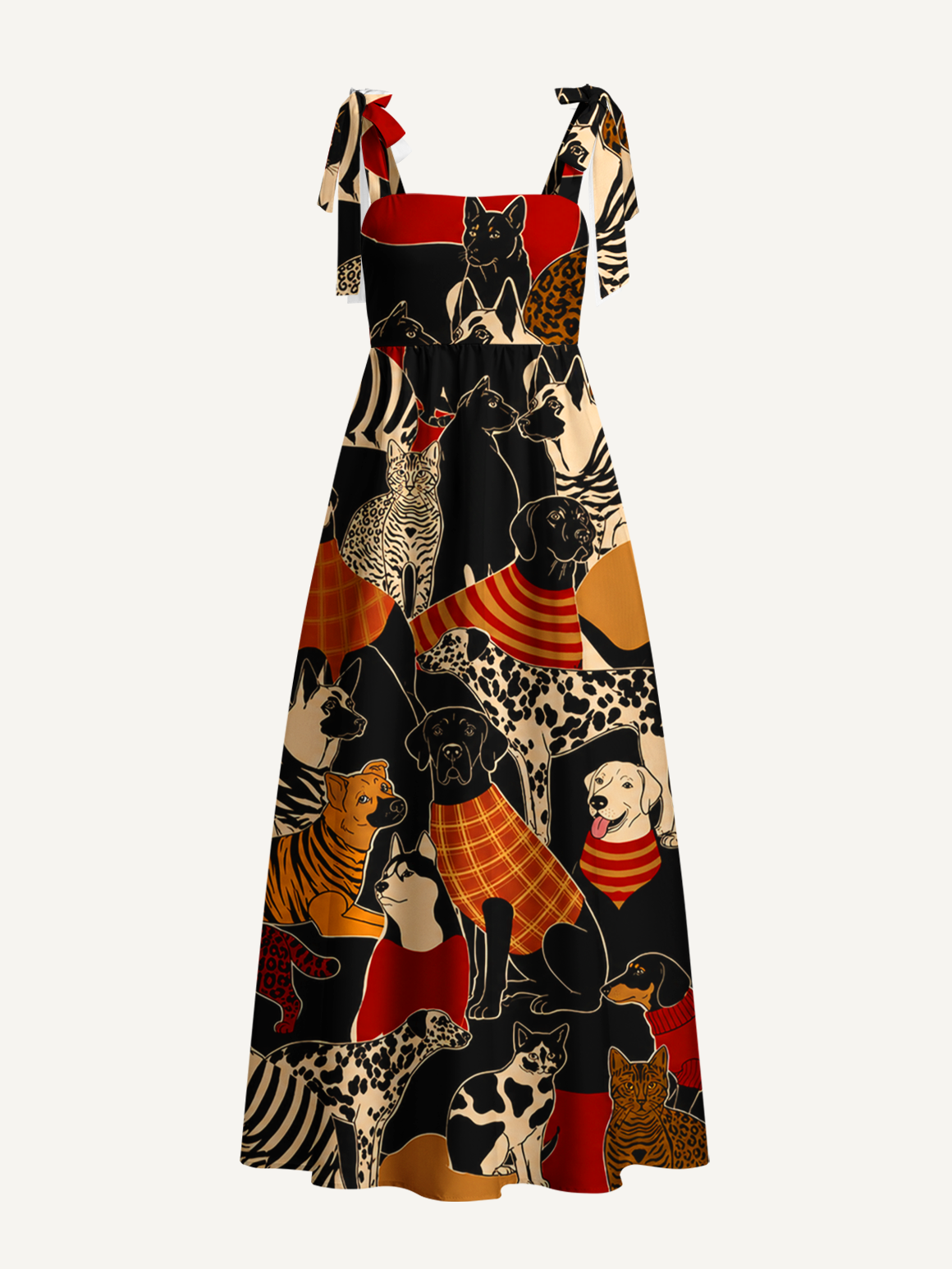 Patterned Cats & Dogs Bow Strap Maxi Dress