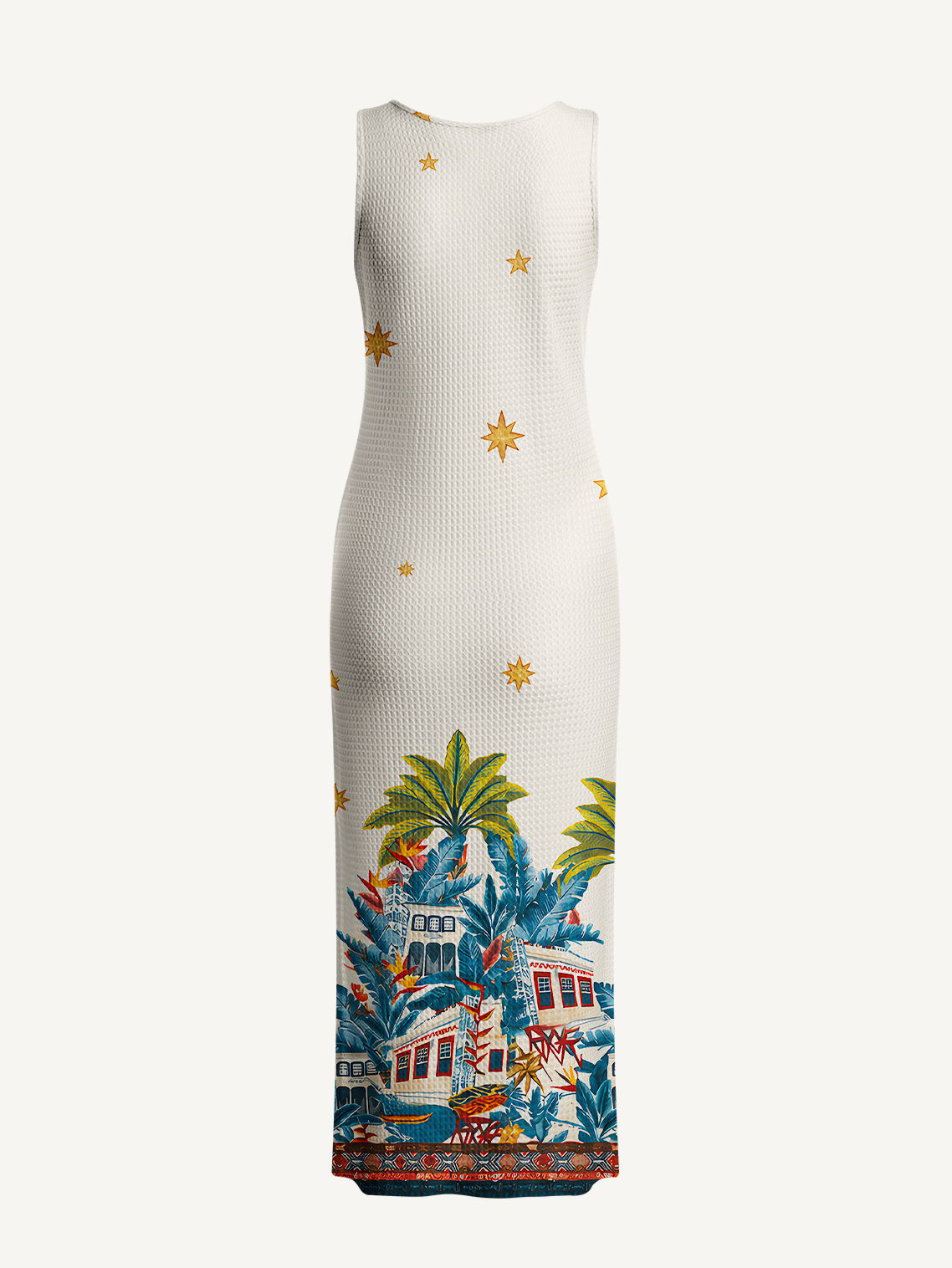 Retro Sun & Palm Printed Crochet Knit Midi Dress