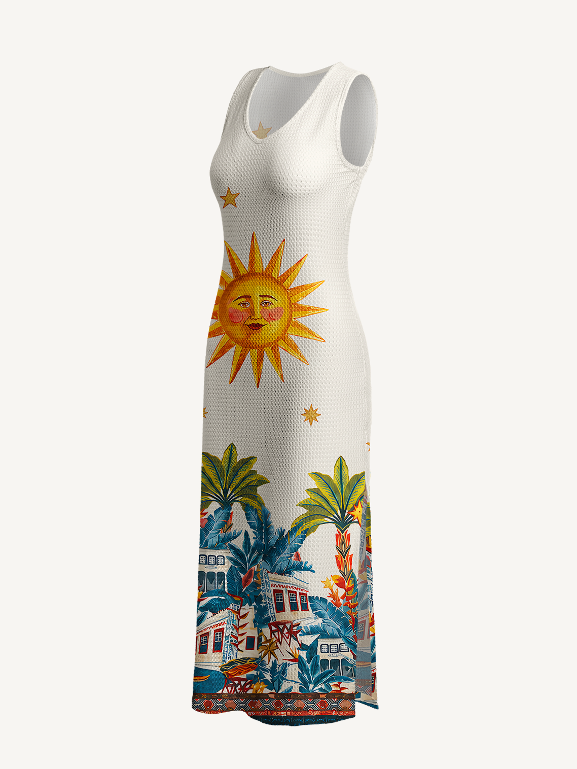 Retro Sun & Palm Printed Crochet Knit Midi Dress