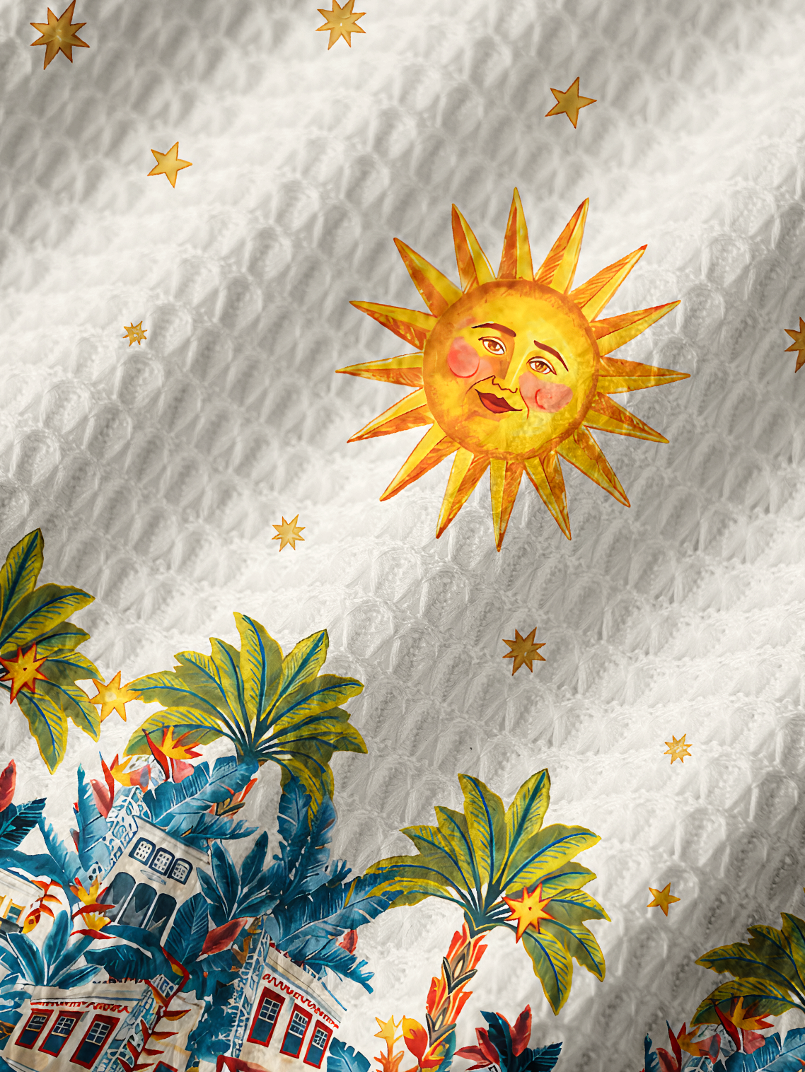 Retro Sun & Palm Printed Crochet Knit Midi Dress