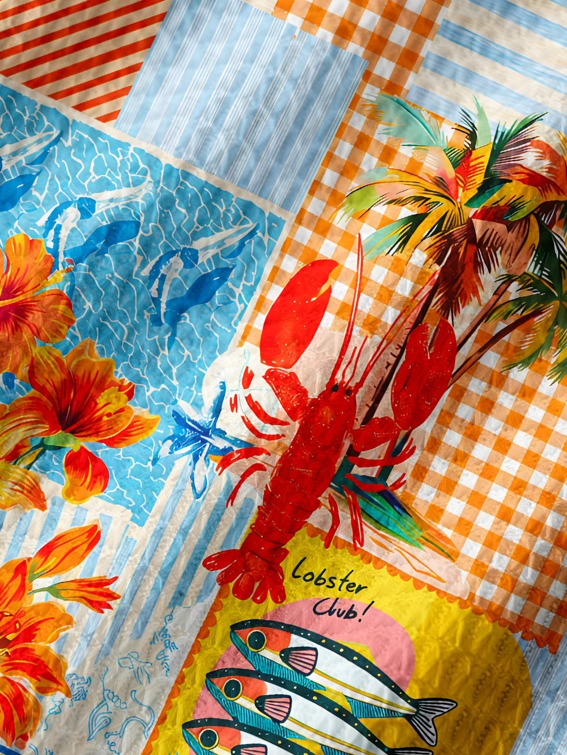 Tropical Lobster Patchwork  Printed Crochet Knit Midi Dress