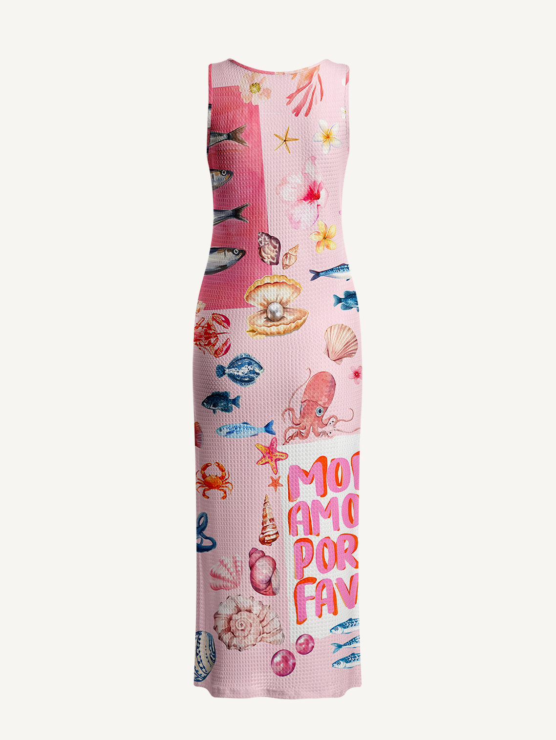 Pink Ocean Life Printed Crochet Knit Midi Dress