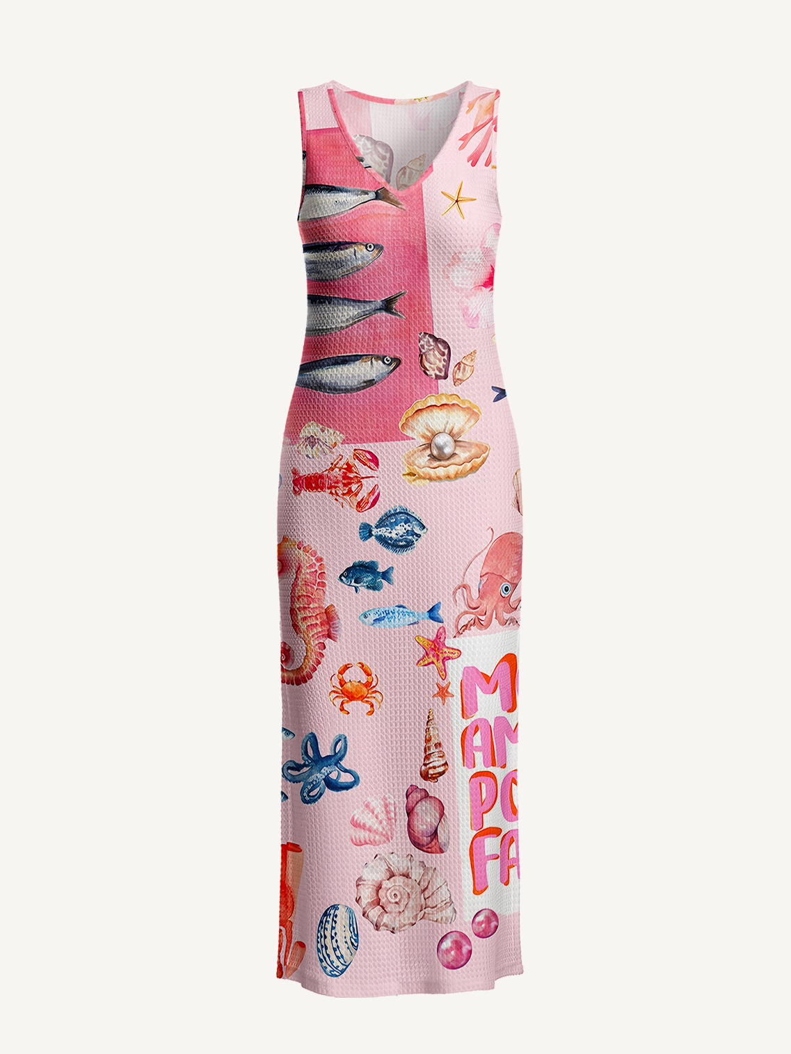 Pink Ocean Life Printed Crochet Knit Midi Dress