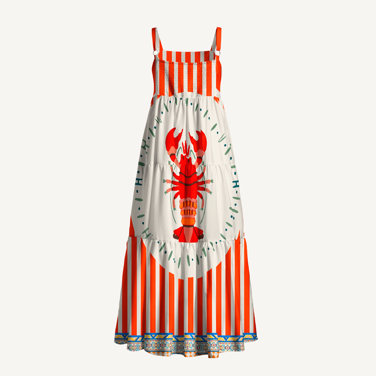 Tropical Lobster Patchwork Wide Straps Maxi Dress With Pockets