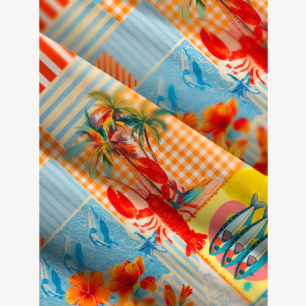 Tropical Lobster Patchwork Wide Straps Maxi Dress With Pockets