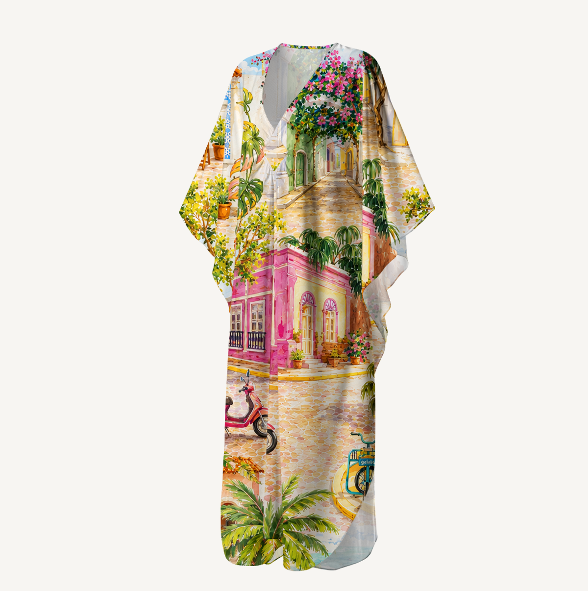 Colorful Coastal Town Street Kimono Sleeve Kaftan Dress