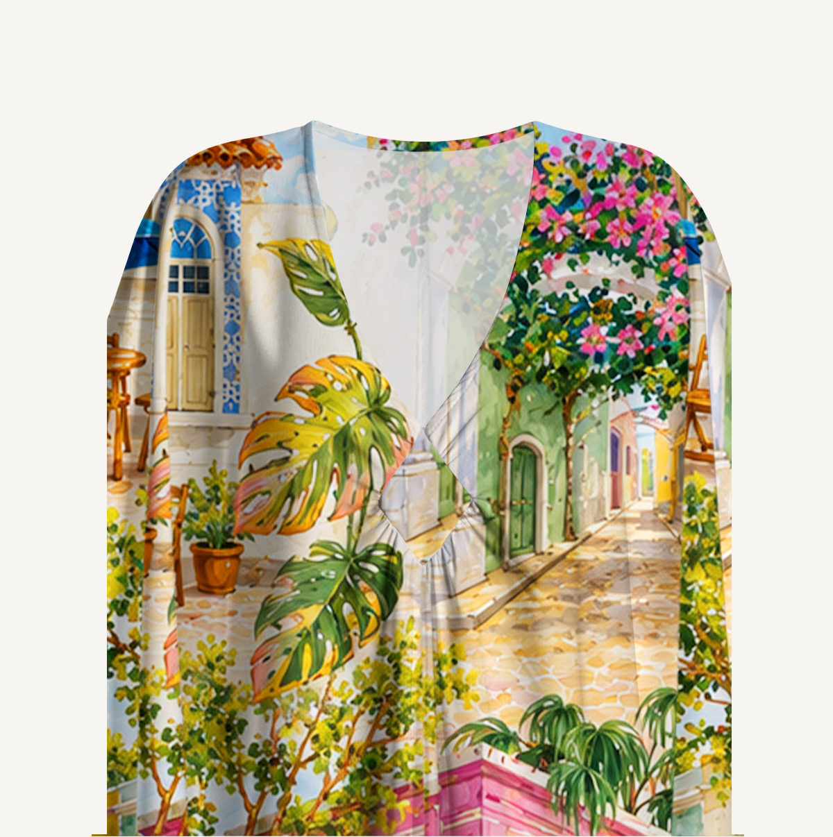 Colorful Coastal Town Street Kimono Sleeve Kaftan Dress