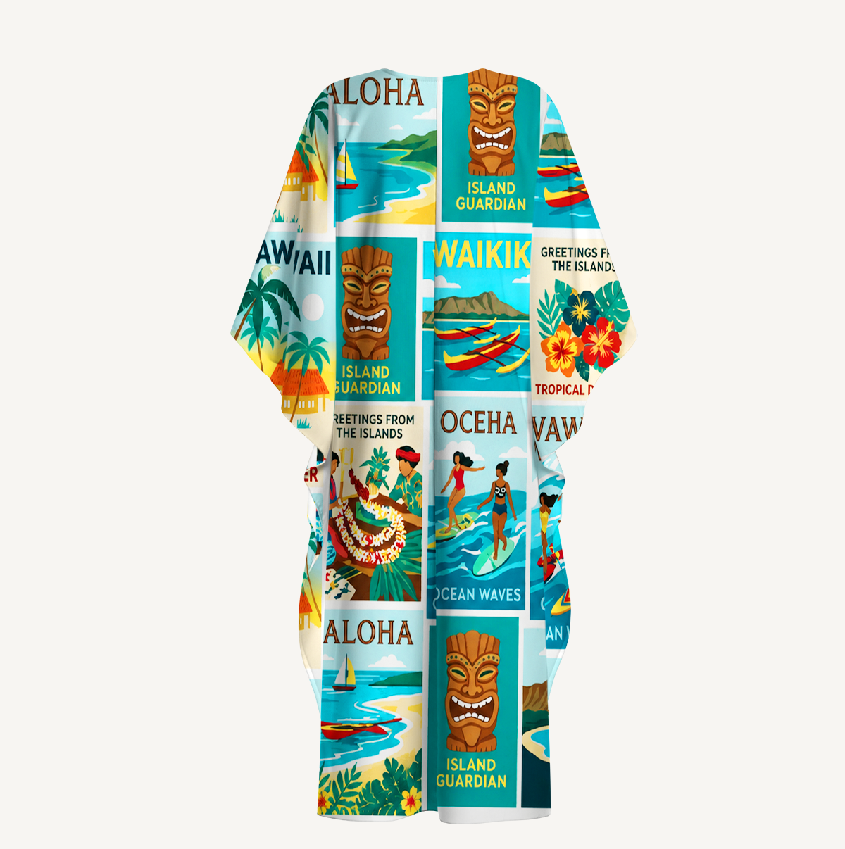 Hawaii Holiday Postcards Kimono Sleeve Kaftan Dress