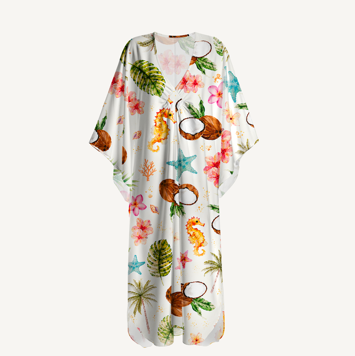 Tropical Coconut Shore Kimono Sleeve Kaftan Dress