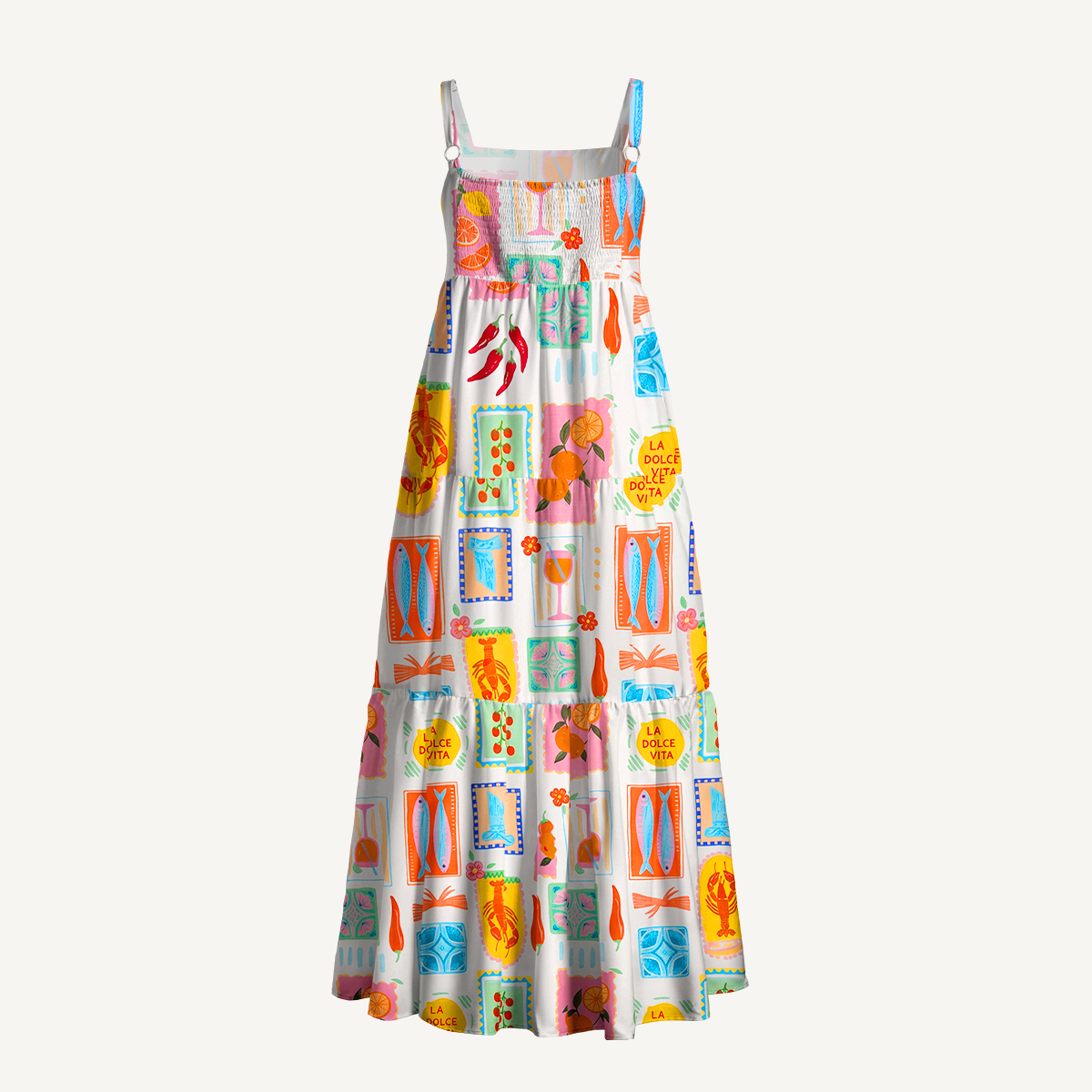 Tropical Stamp Print Wide Straps Maxi Dress With Pockets