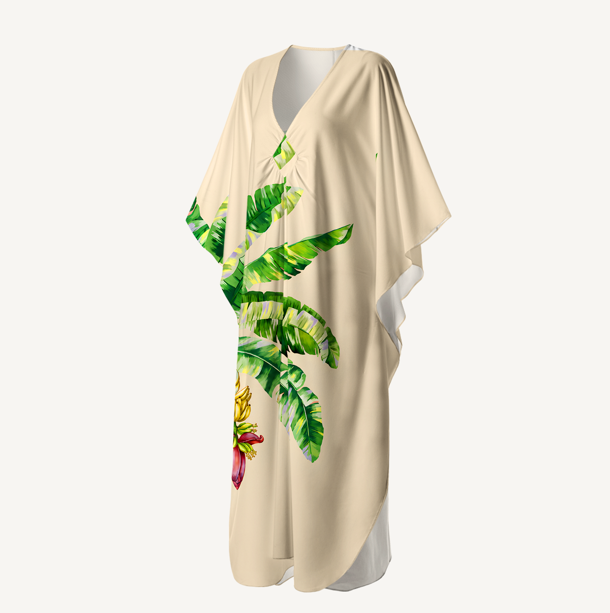 Golden Banana Palm Kimono Sleeve Kaftan Dress