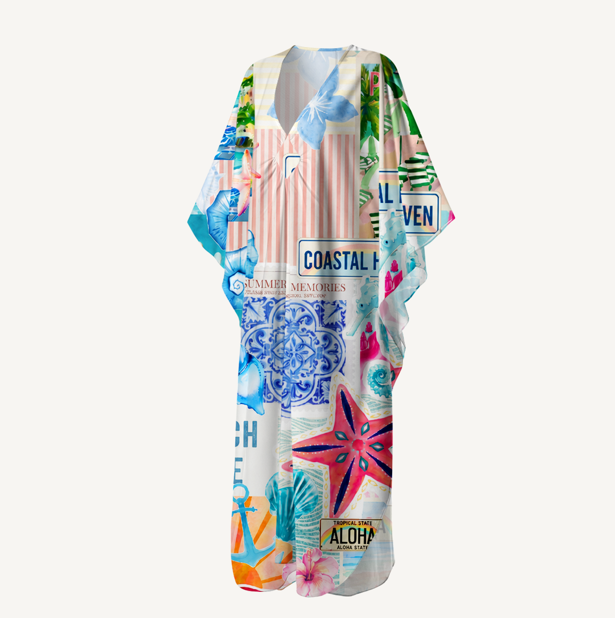 Coastal Collage Kimono Sleeve Kaftan Dress
