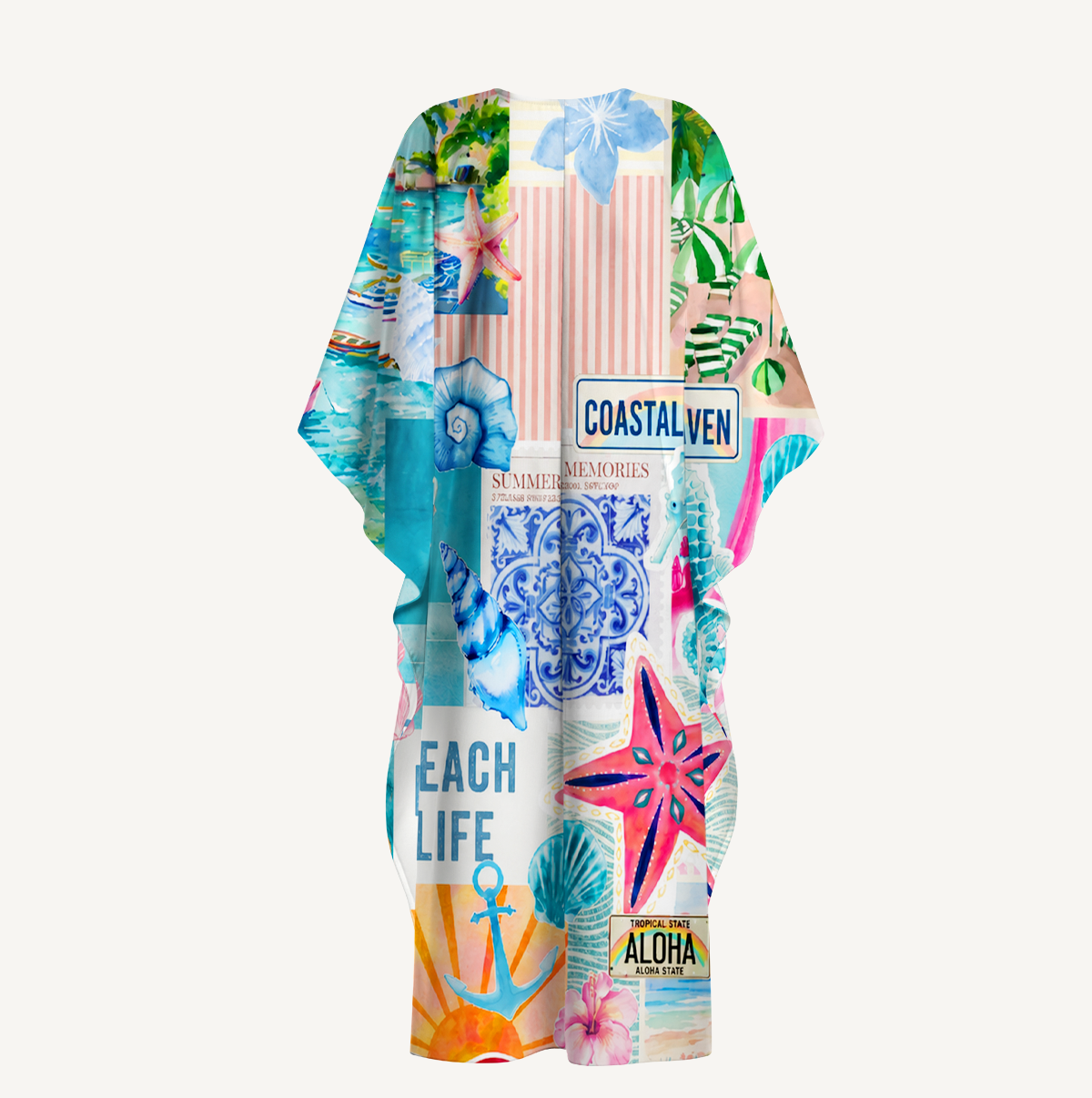 Coastal Collage Kimono Sleeve Kaftan Dress