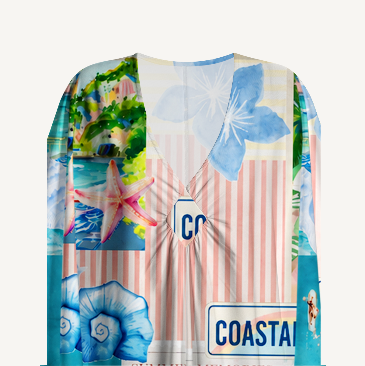 Coastal Collage Kimono Sleeve Kaftan Dress
