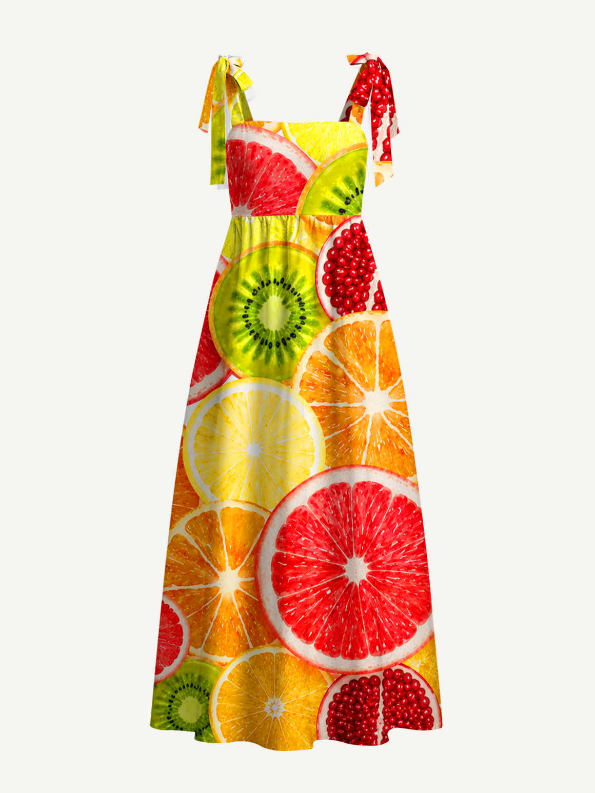 Tropical Fruit Cut Bow Strap Maxi Dress