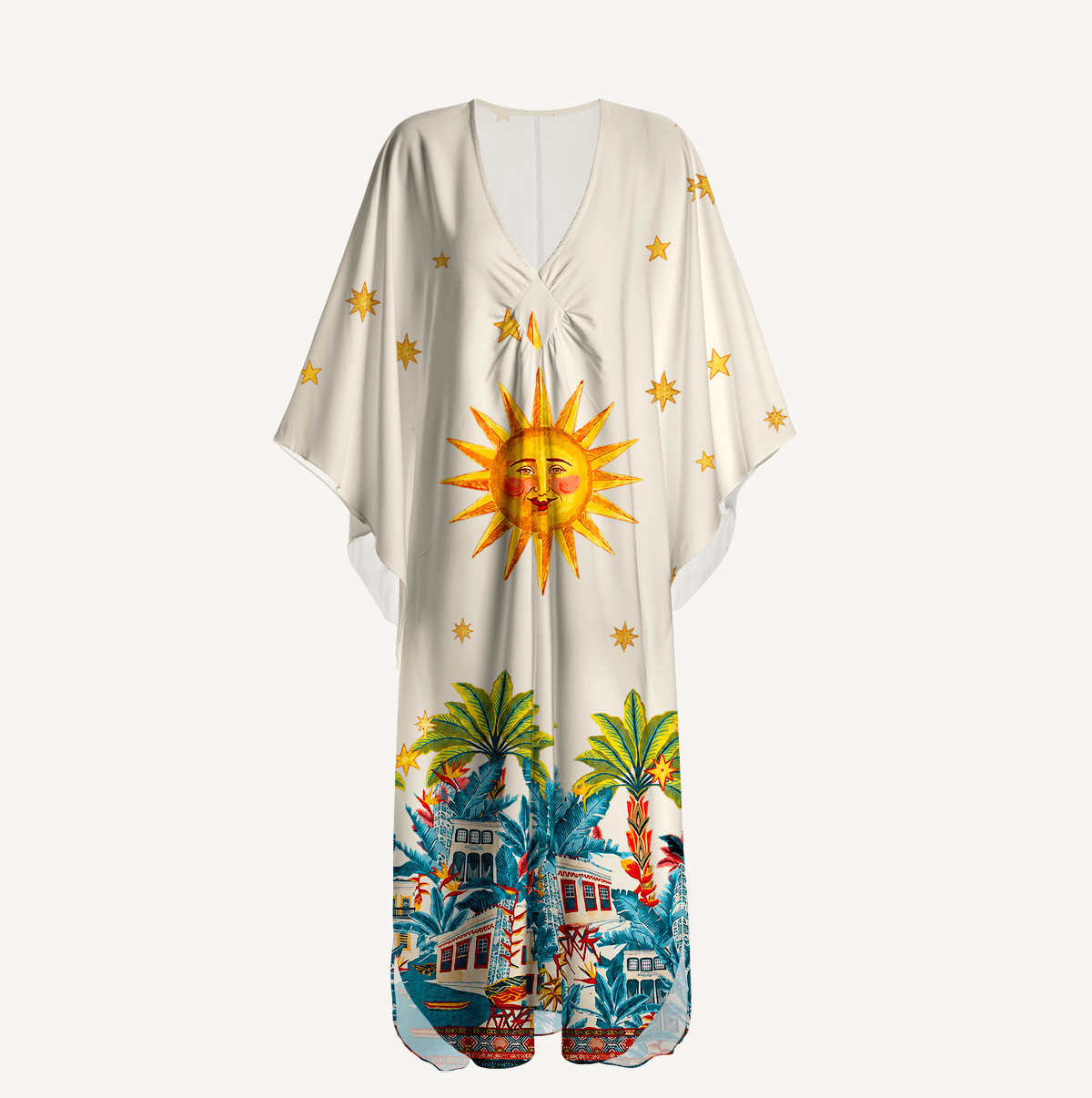 Retro Sun & Palm Kimono Sleeve Kaftan Dress